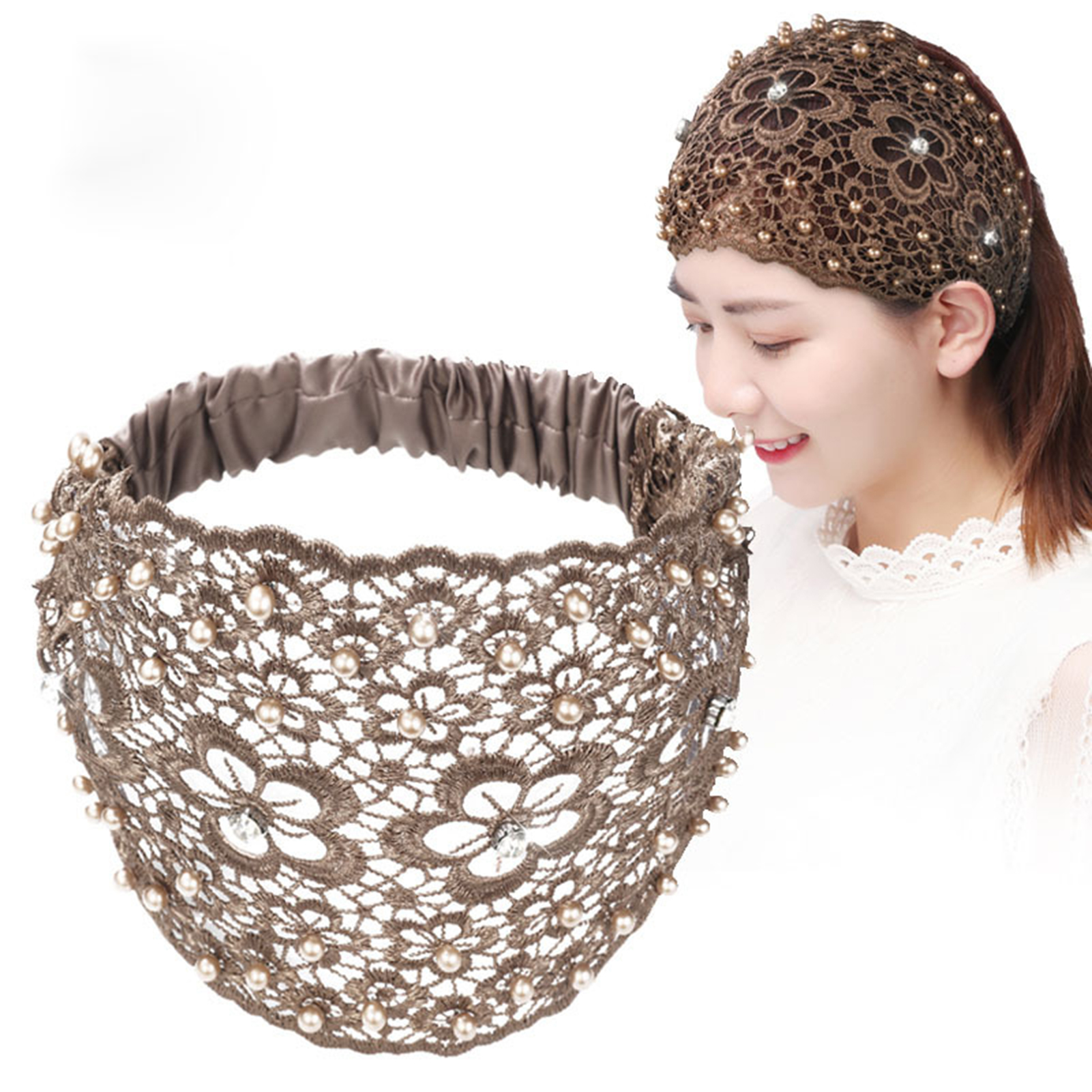 Serre-tête large ajouré pour femme, avec crochet, dentelle, perles, style bohème, élastique, motif floral découpé, accessoire de coiffure vintage