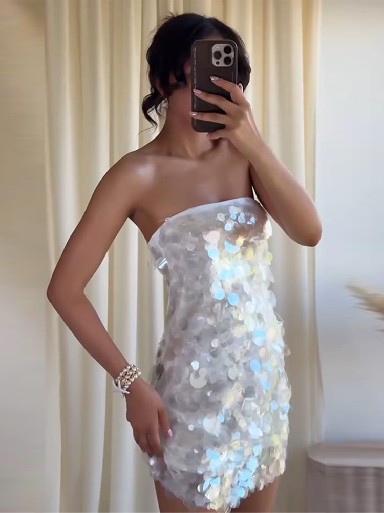Robe de soirée à paillettes pour femmes, Sexy, élégante, col rond, sans manches, longue, fendue, vêtements de plage, été