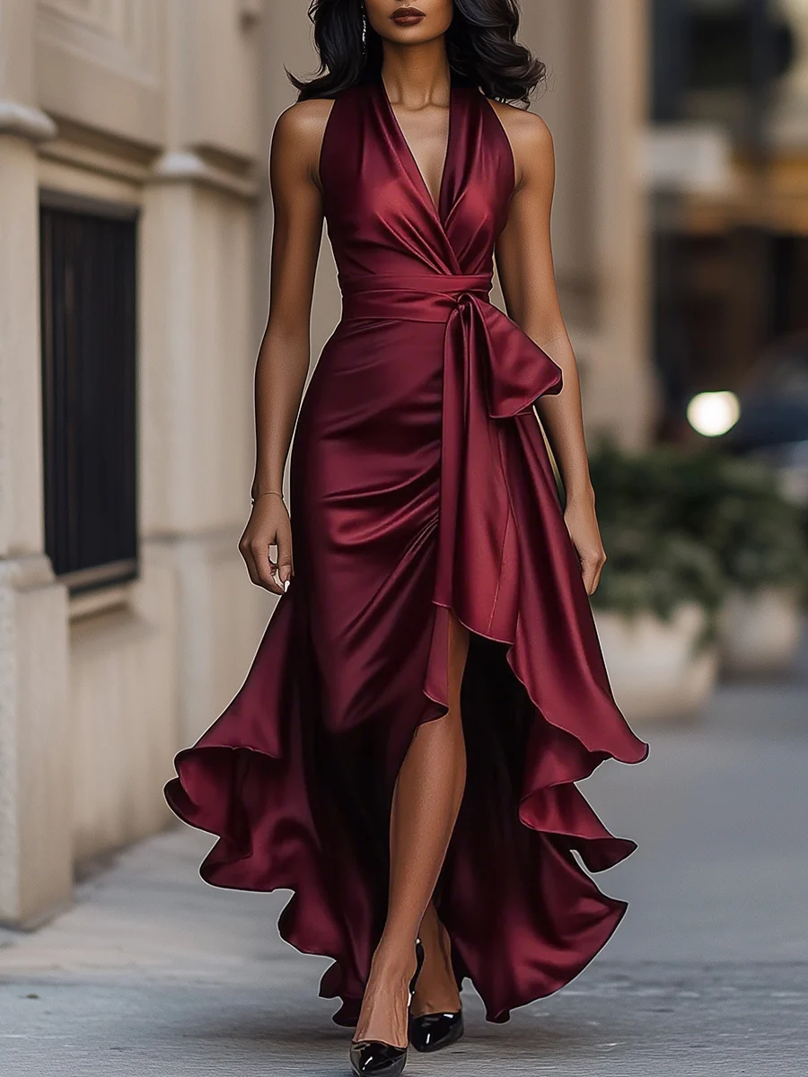 Robes de soirée élégantes pour femmes à col en V profond, volants, taille haute, en satin, avec lacets, pour invitées de mariage