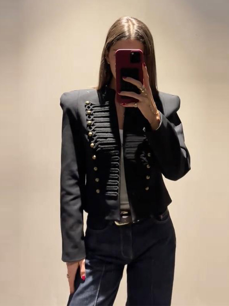 Veste de printemps pour femme, blazer court style militaire, avec bordure en cordon tressé, boutons dorés, épaulettes rembourrées, vêtements pour femme