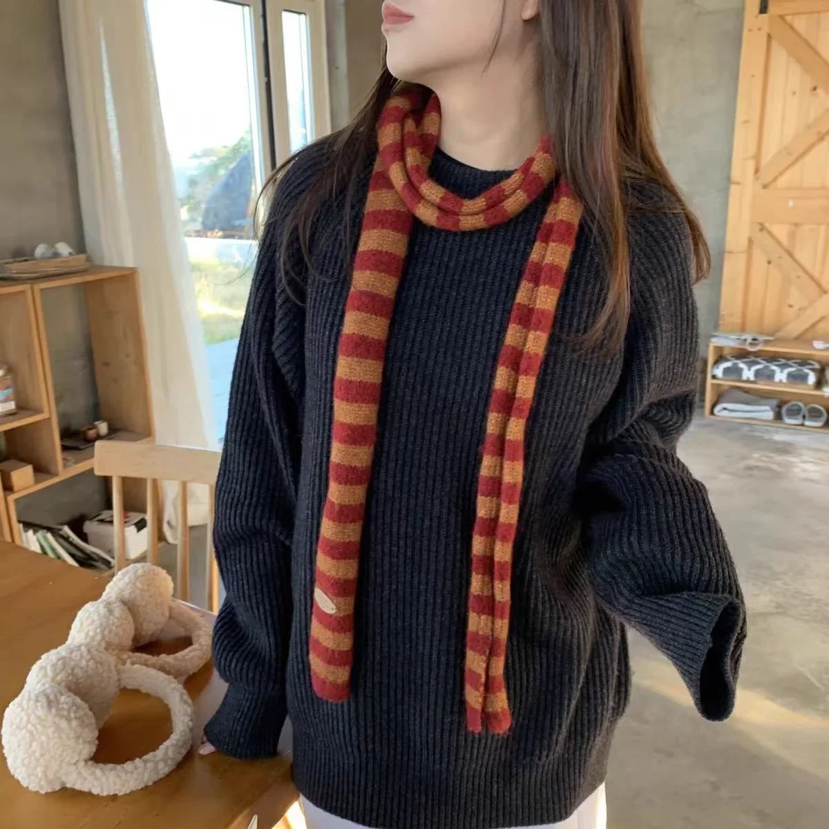 Écharpe rayée au design Hip Hop, style Harajuku, tricotée, fine et étroite, pour femme, épaissie, cache-cou, longue écharpe à nouer