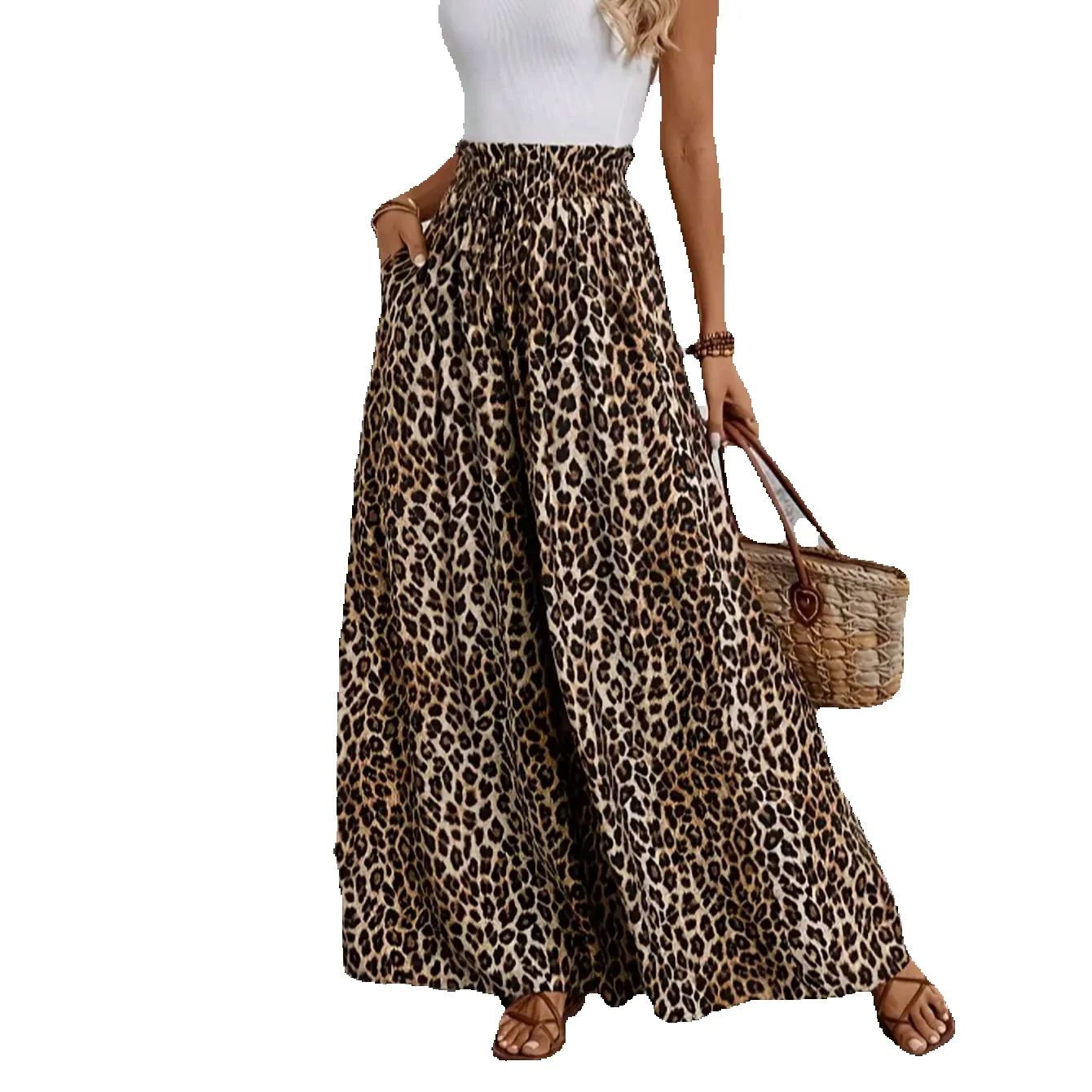 Vêtements pour femmes, style décontracté, adaptés à toutes les saisons, motif léopard, taille haute confortable, taille élastique, pantalon à jambes larges.