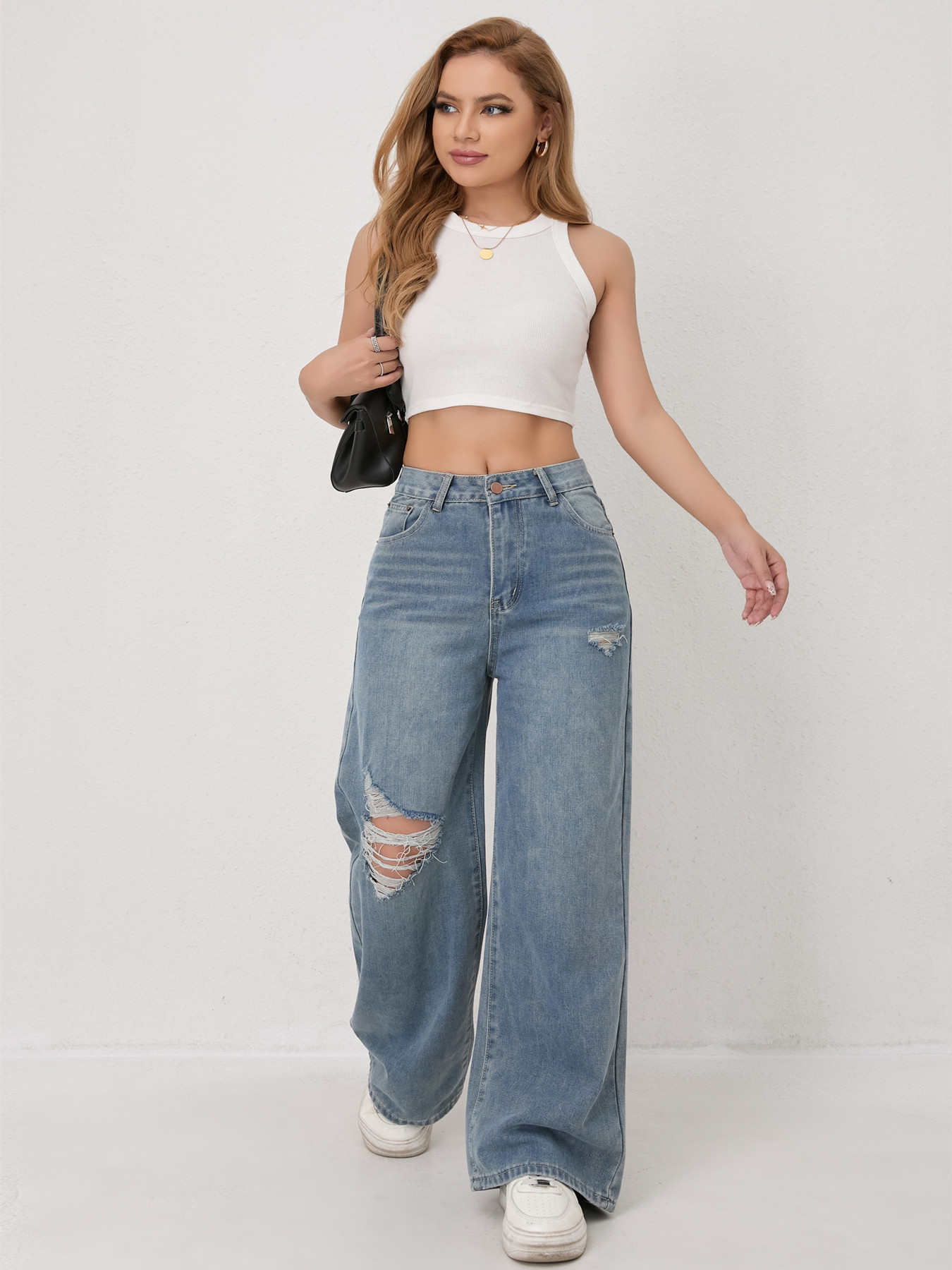 Jean femme 2026 nouveauté coupe ample décontracté taille haute Y2K jambe large déchiré pantalon en Denim régulier à la mode Vintage Strety Ve