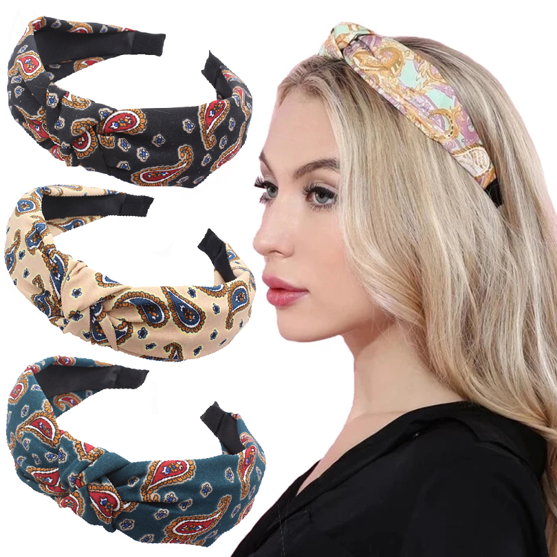 Bandeau à nœud supérieur pour femmes et filles, large bandeau à fleur de cajou, accessoires pour cheveux, serre-tête imprimé