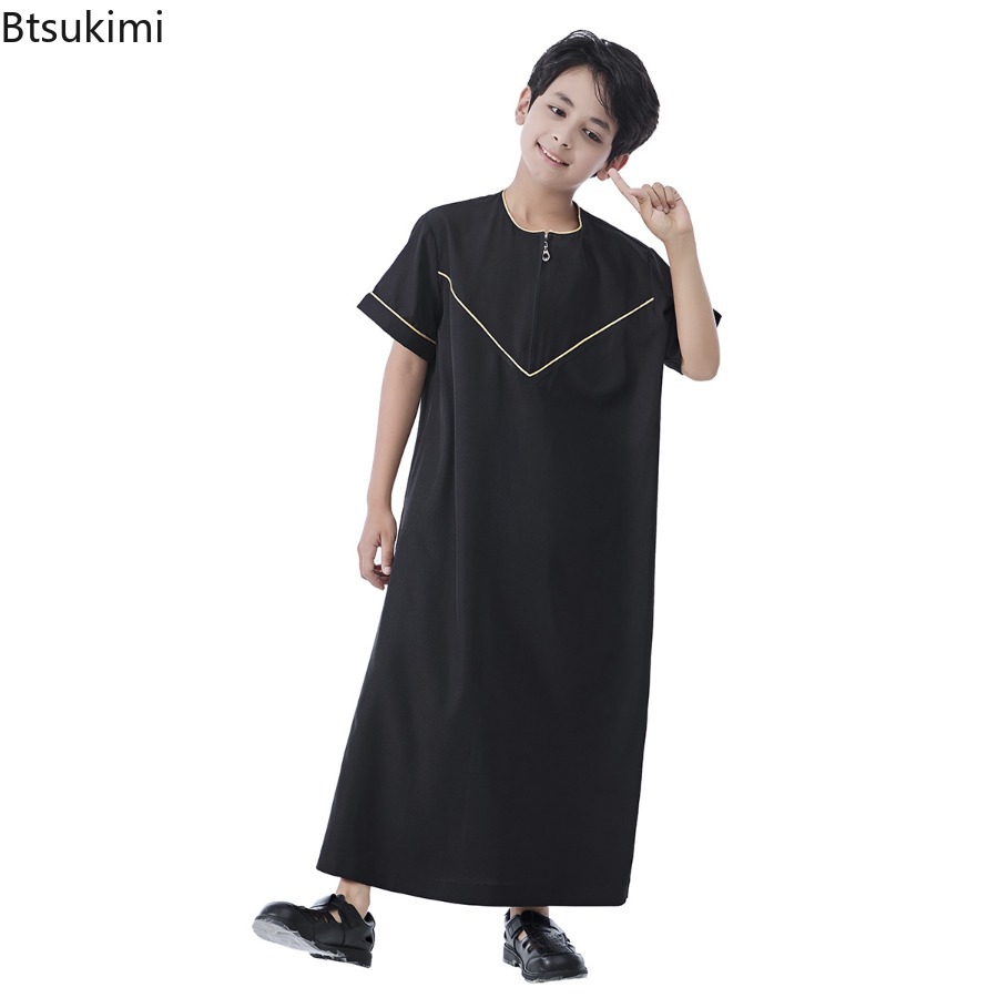 Robe musulmane saoudienne pour garçons, Dishdasha, Abaya, Kaftan, vêtements de prière islamiques, Thobe à manches courtes, tenue pour adolescents du Moyen-Orient, Dubaï