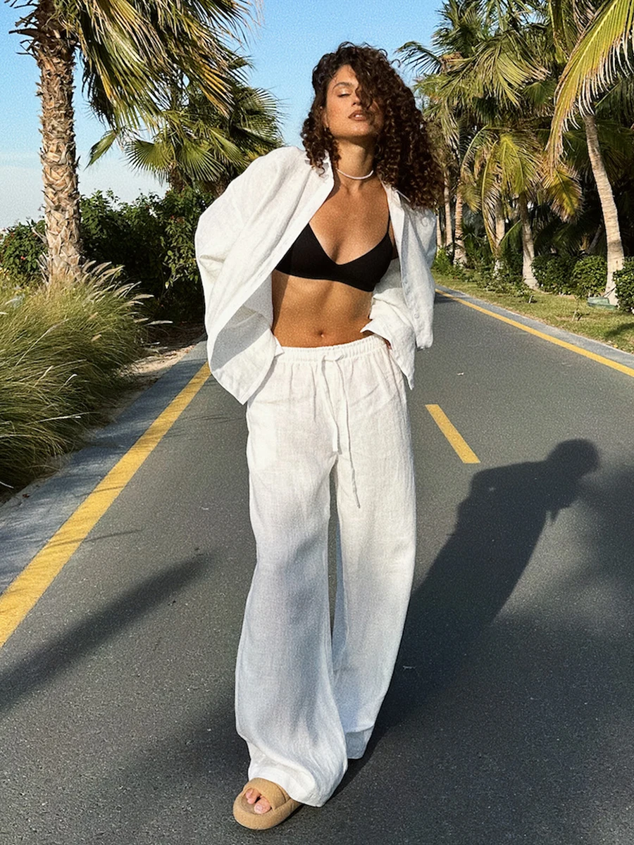 Ensemble pantalon décontracté en coton pour femmes, couleur unie, chemise confortable à revers, manches longues, tenue d'été, taille élastique, 2025