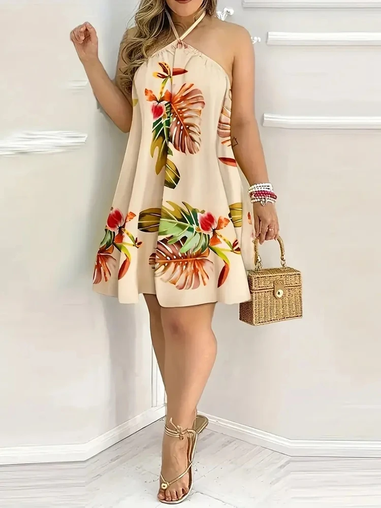 Robe d'été grande taille 1XL-5XL pour femmes, mode élégante, imprimé Floral, col licou, ample, décontractée, sans manches, robe de plage