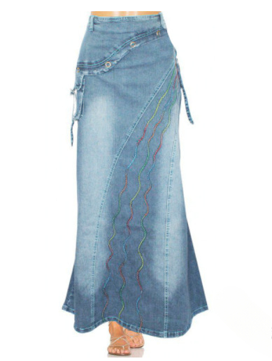 Jupe longue taille haute en denim pour femme, imprimé vintage, tempérament, patchwork, poche, grande balançoire, jupes en queue de poisson pour femme, automne, 2024