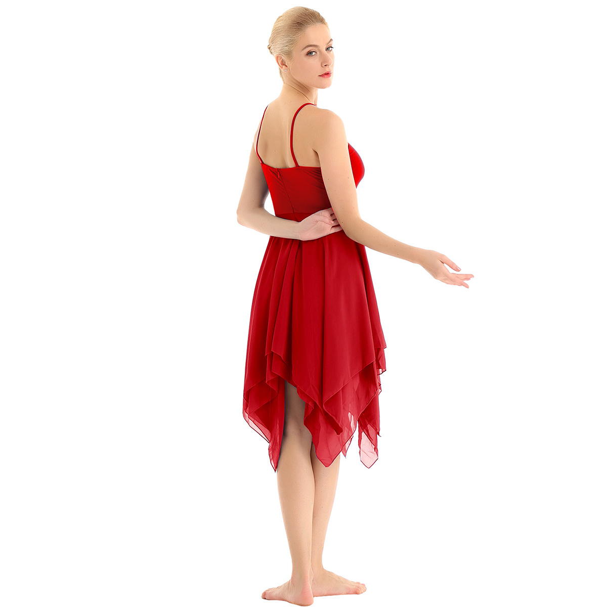Robe de Ballet pour femmes, robe de gymnastique de ballerine, pour adultes, bretelles Spaghetti, sans manches, asymétrique, en mousseline de soie, robe de danse contemporaine