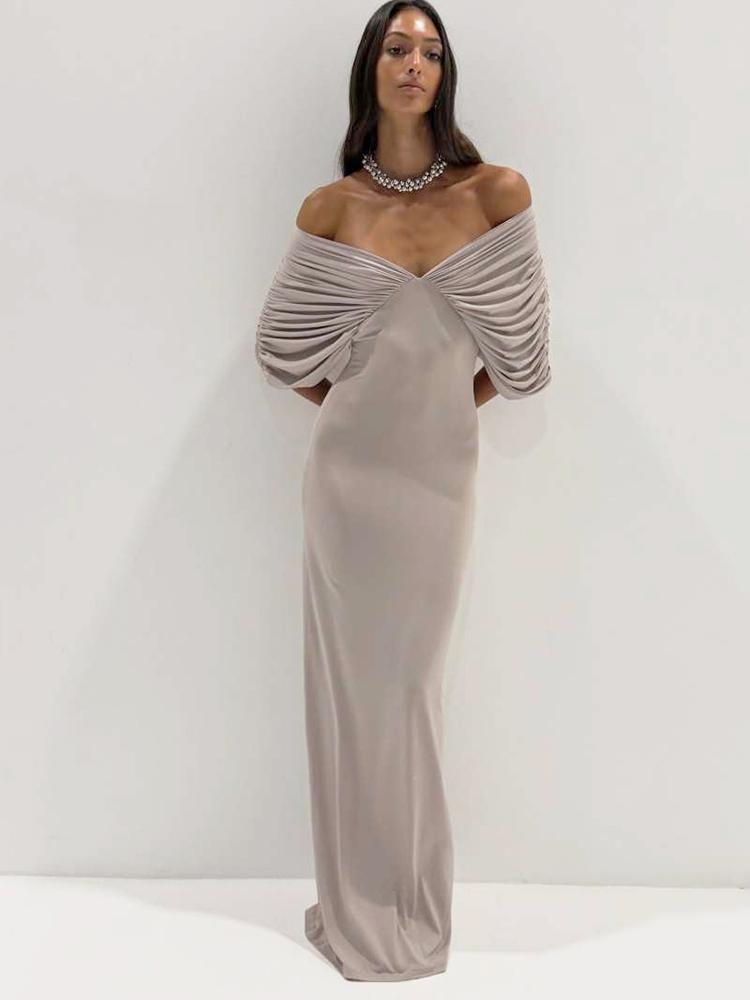 Robe longue élégante froncée Kliou pour femme, col bateau, dos nu, demi-manches, taille haute, style décontracté quotidien, simple et tendance, Vestidos
