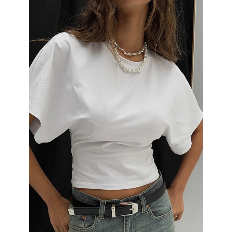 T-shirt court gris uni décontracté et tendance 2025 pour femme, hauts corset à col rond, streetwear pour filles, tee-shirts courts printemps-été