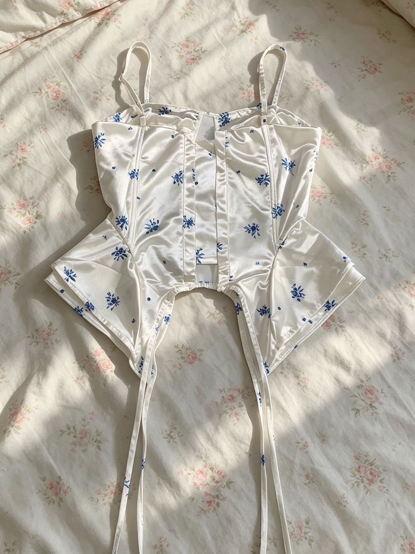 Coquette Femmes Ditsy Floral Satin Corset Tops Bretelles Spaghetti Réglable Ourlet Irrégulier Bustier Y2K Fée Sans Manches Camisoles
