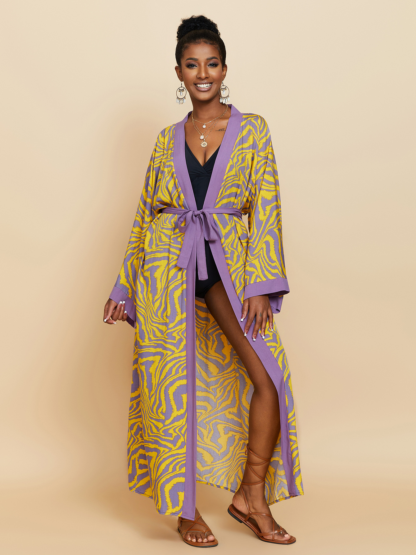 Femmes longue plage Kimono courbe ourlet ample ouvert devant cravate colorant maillot de bain couvrir