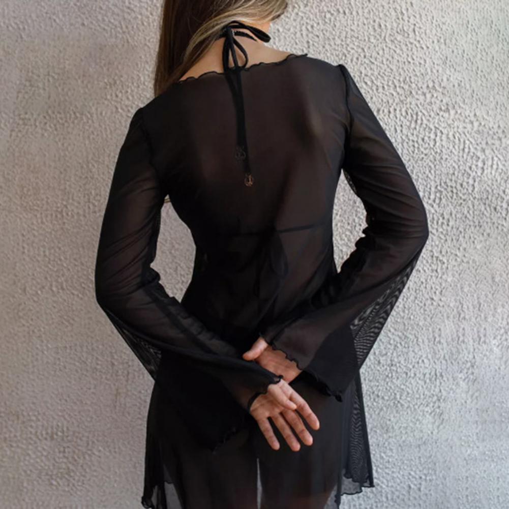 Robe de plage en maille transparente pour femmes, Cover-Up pour les maillots de bain, col rond, manches longues, cloche, vêtements pour femmes, été