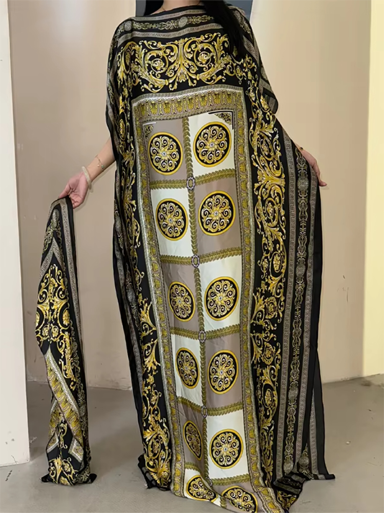 Abayas musulmanes pour femmes, en soie imprimée, douce, ample, élégante, Maxi, robes de soirée avec ceinture, Turban, nouvelle collection 2025