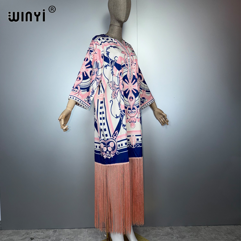 WINYI femme musulmane glands robes boho imprimé caftan robe de soirée moyen-orient femme ample vacances abaya dubaï luxe Caftan