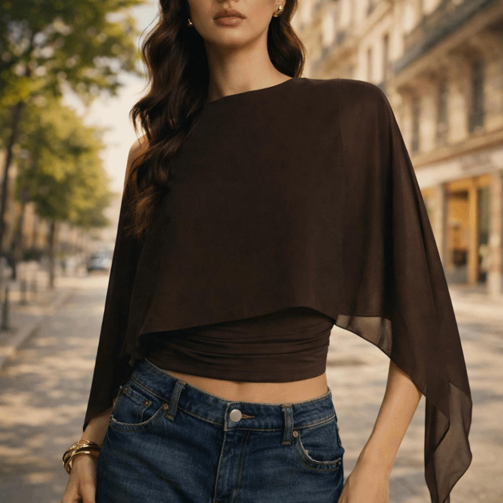 Haut élégant à col rond et manches cape, coupe ajustée, devant ouvert, t-shirt asymétrique, taille froncée, tissu transparent, manches chauve-souris, pour le quotidien