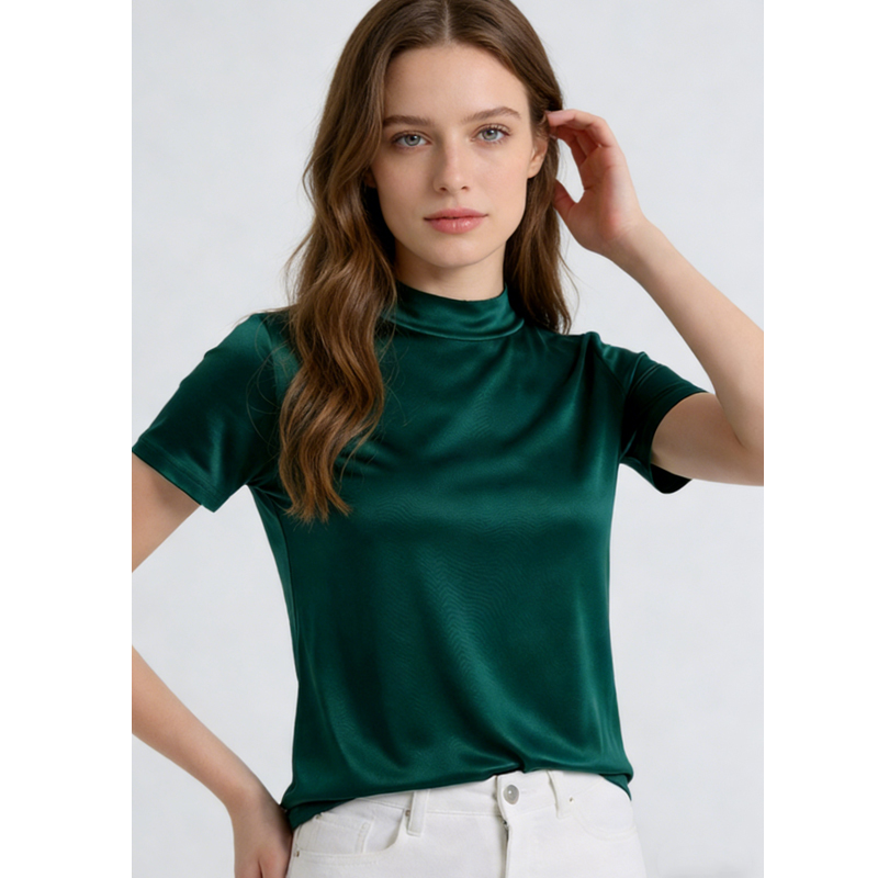 Nouveau T-shirt polyvalent à manches courtes et col semi-montant en soie de mûrier naturelle (25 %) tricoté pour femme, collection Printemps/Été 2026