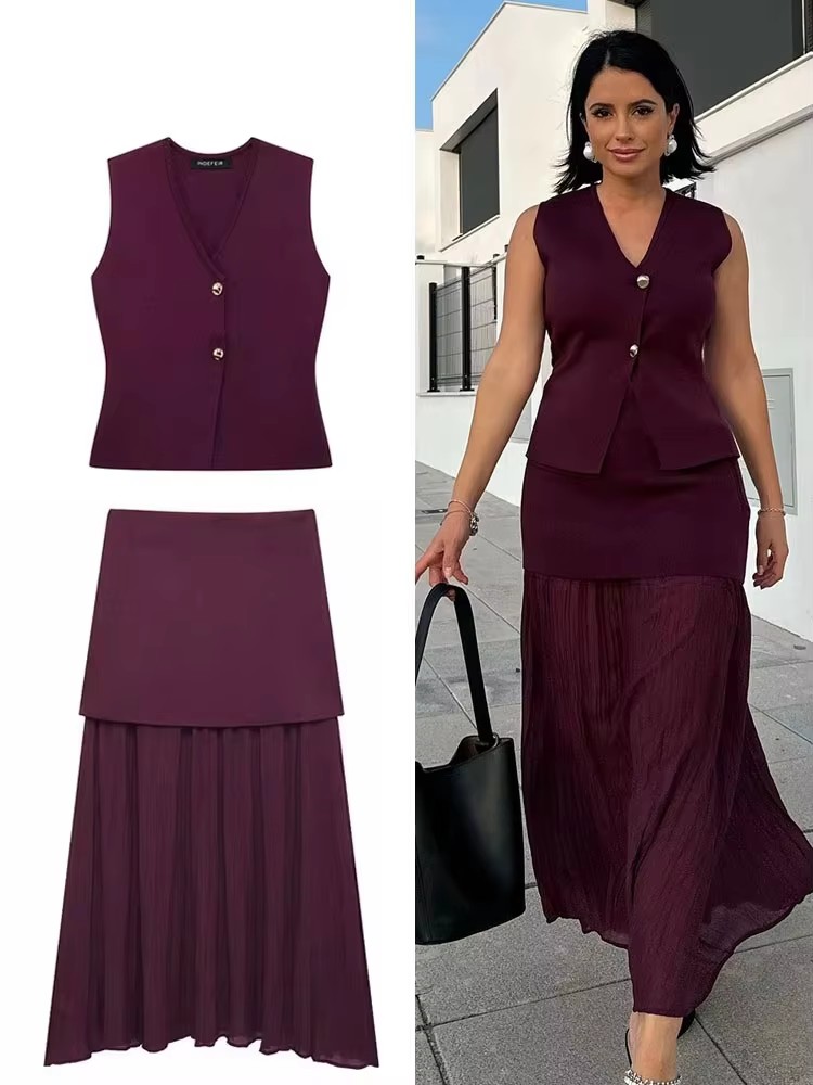 HH femmes élégant solide tricoté gilets jupes costumes col en V gilet Patchwork jupe Midi été décontracté femme 2 pièces ensembles