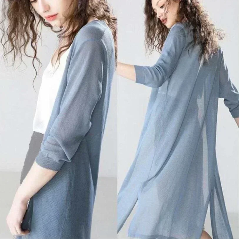 Cardigan long en tricot pour femmes, protection UV printemps-été, pull ouvert sur le devant, châle, manteau d'extérieur pour dames