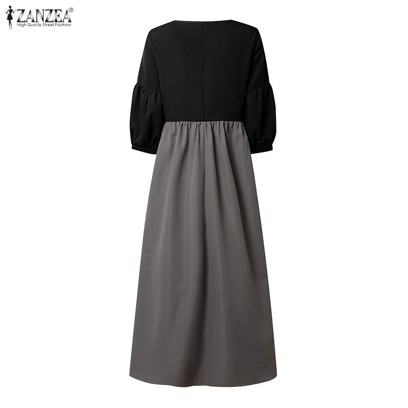 ZANZEA – robe longue de style coréen pour femmes, couleur contrastée, col en v, manches lanternes, robe longue élégante, taille haute, ligne A