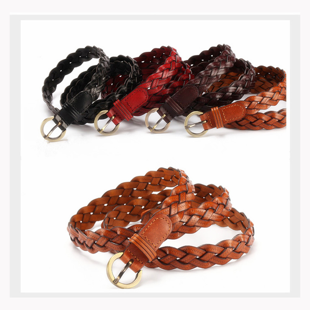 Ceinture en cuir pour femmes, avec boucle ronde dorée tressée, ceinture fine décontractée pour étudiantes, accessoires de vêtements pour dames