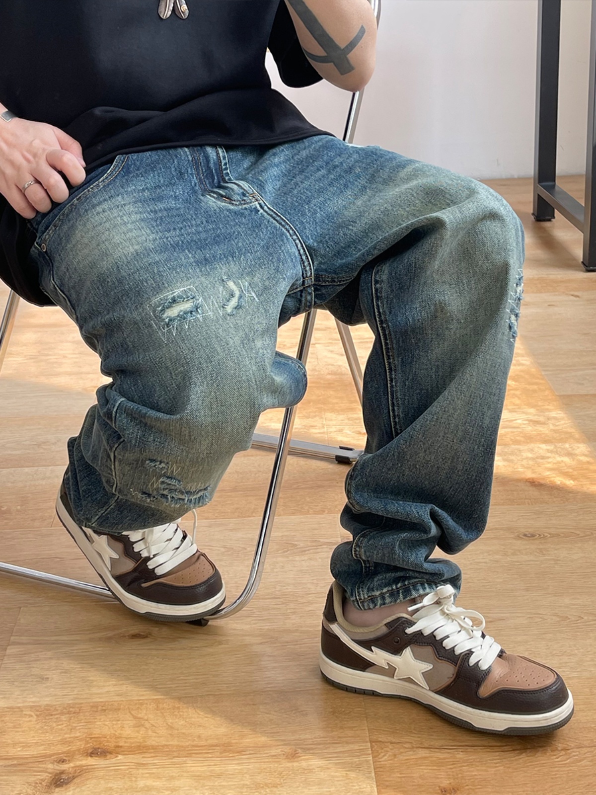 Mode coréenne déchiré Baggy jean pour hommes vêtements Vintage haute qualité Denim Cargo pantalon Harajuku décontracté pantalon en détresse