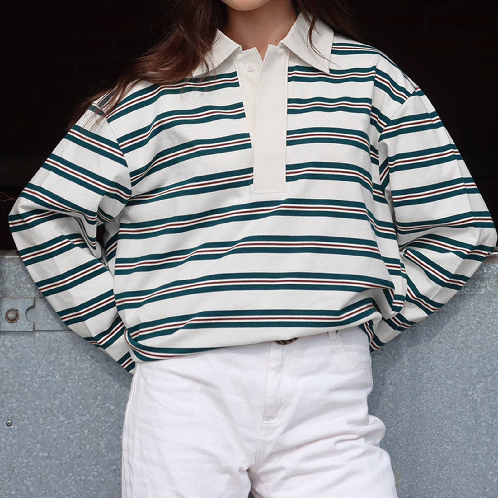 Femmes printemps automne à la mode rayé imprimé col hauts décontracté à manches longues coupe ample revers T-shirts