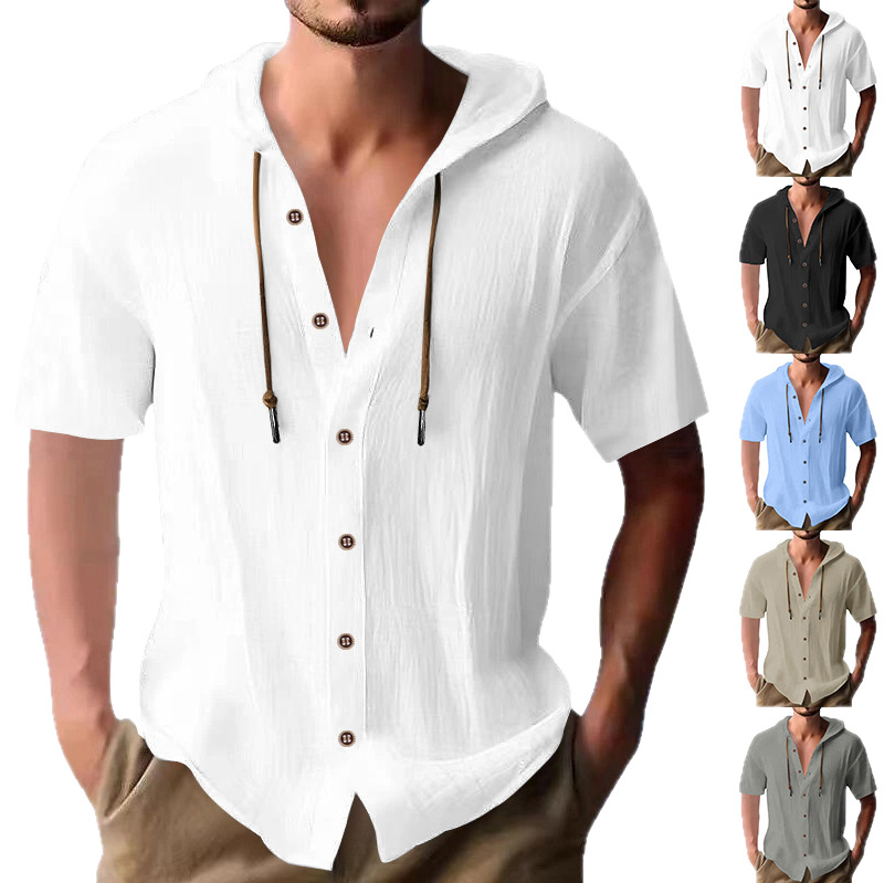 T-shirt homme 2026 décontracté à manches courtes, à capuche, boutonné, style ample, pour la plage, vêtements pour hommes