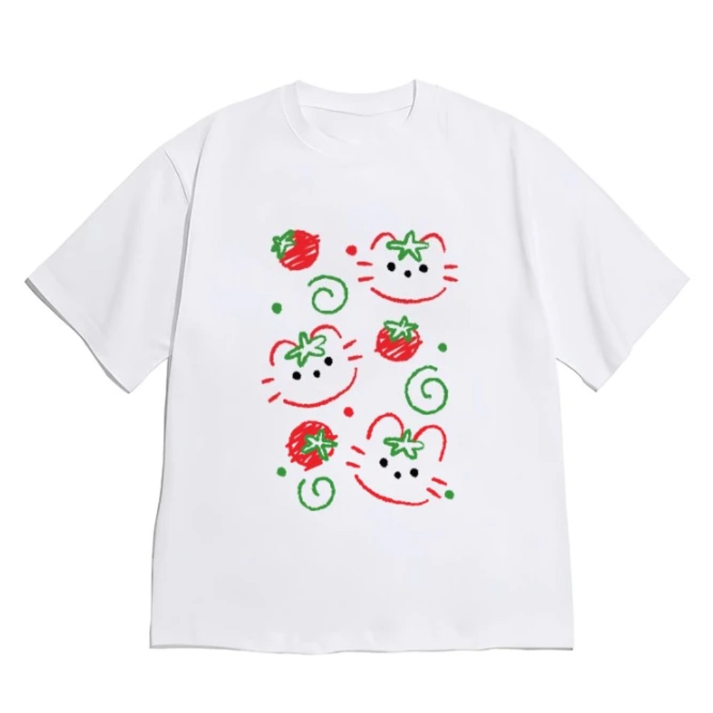 T-shirt de mode coréenne esthétique, imprimé chat mignon et tomate, manches courtes pour femmes et hommes, tee-shirt minimaliste à col rond, polyvalent.