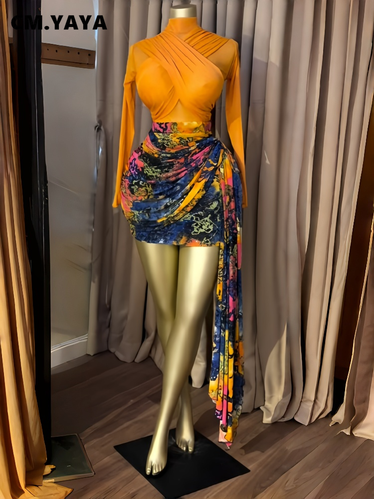 Ensemble de vêtements pour femmes CM.YAYA : hauts + jupe longue ou mini jupe moulante plissée à rubans, ensemble 2 pièces pour les vacances.
