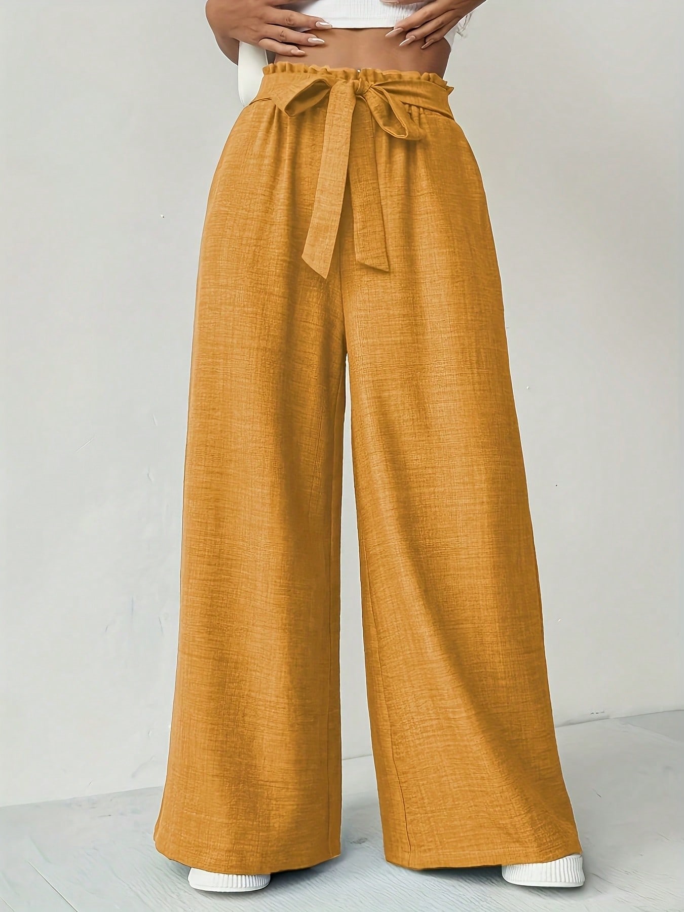 Tendance, confortable, polyvalent, pantalon d’été à taille haute et coupe ajustée, pantalon ample de couleur unie, pantalon long, vêtements pour femmes.