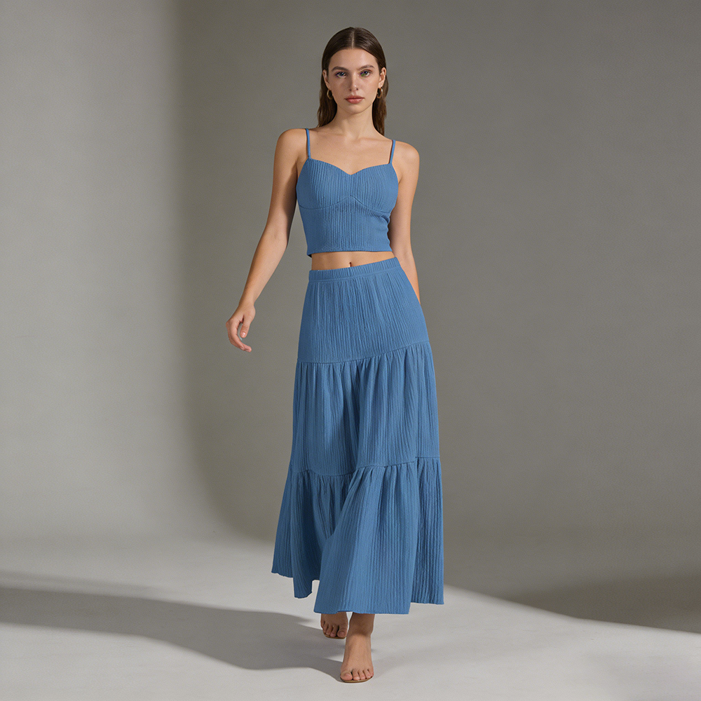 Ensemble décontracté d'été pour femme : caraco sans manches et jupe fluide – Tenue de plage légère et confortable en deux pièces