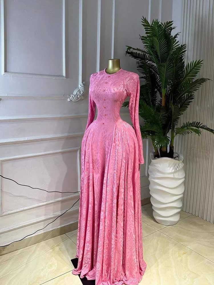 Robe de soirée élégante et luxueuse rose pour femmes, robe moulante à taille haute, manches longues, robe de soirée maxi, vente en gros, dropshipping