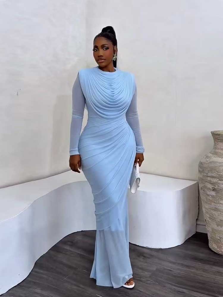 Robe de soirée chic et élégante pour femme, col drapé en maille, manches longues, robe moulante mi-longue, taille haute, robe sexy pour femme