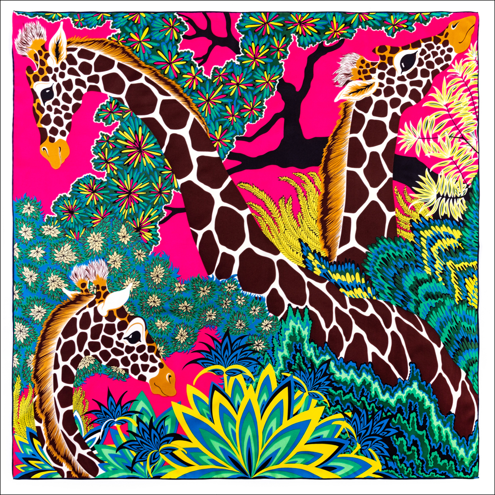 The Three Graces Foulard de marque de luxe avec imprimé Girafe pour femmes, écharpe carrée en soie 90x90, 100% soie naturelle, pour cheveux