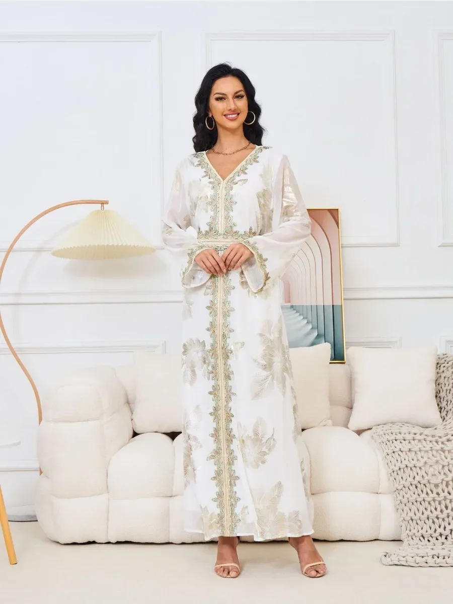 Robe de soirée pour femmes musulmanes, caftan turc, Abaya Jalabiya, robes de Ramadan, caftan marocain, col en V, ceinture brodée, robe éducative, Eid