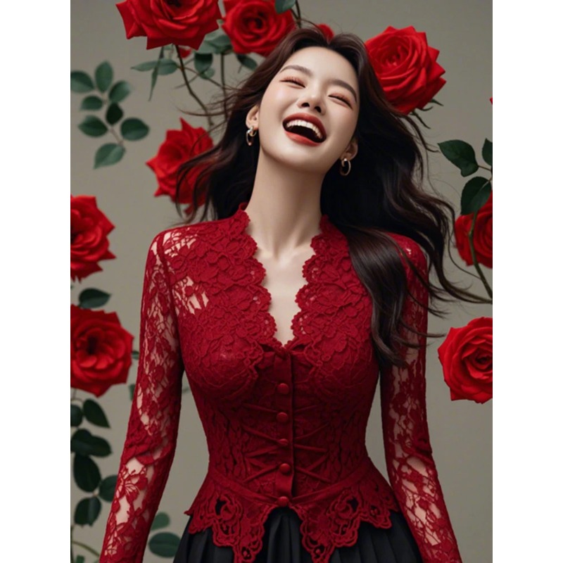 Chemise formelle à manches longues en dentelle rouge pour femmes, avec boutons sur le devant