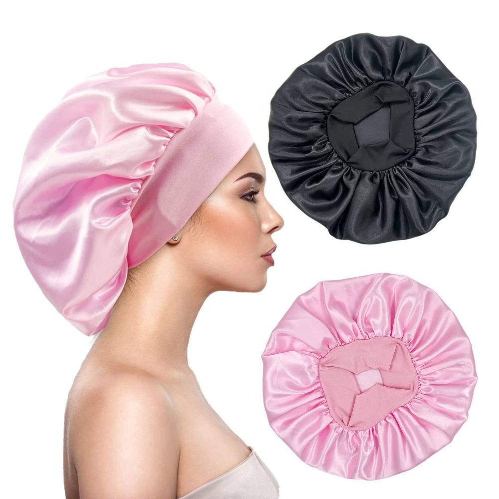 1 pièce Nouveau bonnet de nuit en soie et satin à large bord, avec bande élastique douce, pour femmes et hommes aux cheveux bouclés