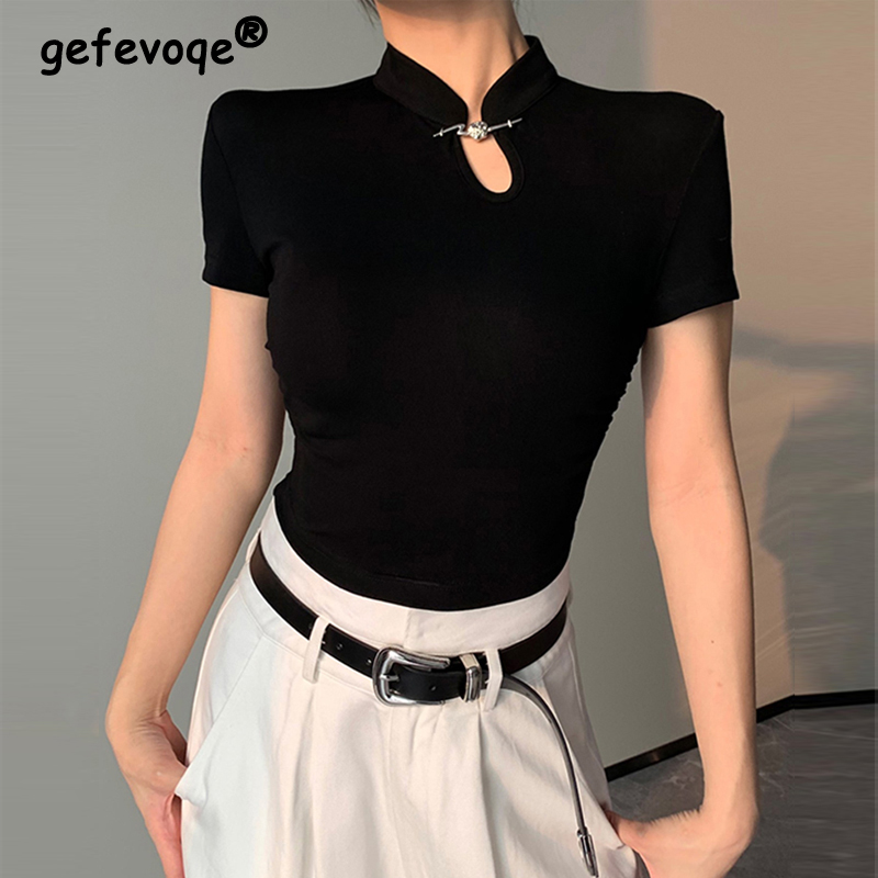Économie à manches courtes pour femmes, vêtements pour femmes, style chinois, vintage, élégant, basique, sexy, évidé, Y2K, noir, mince, été, 2024