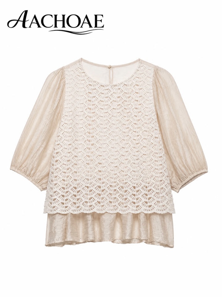 AACHOAE Blouse en dentelle pour femme, style peplum, manches bouffantes, haut en crochet, col rond élégant, ourlet à volants, coupe ample, chemise d'été, haut vintage bohème
