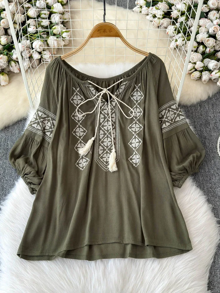 Chemisier d'été pour femme, style ethnique vintage, brodé, chemise à manches courtes pour voyage, en coton et lin, nouveau modèle BL033