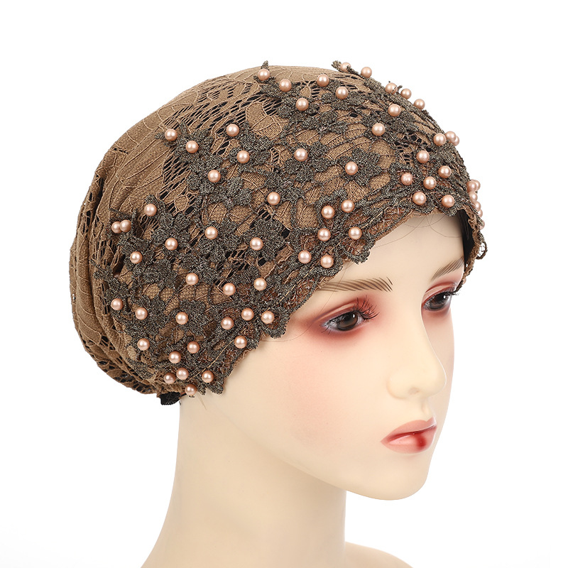 Casquette turban brodée de perles pour femmes, sous-écharpe musulmane