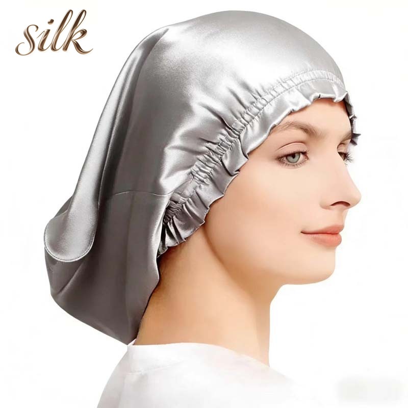 Bonnet de nuit en soie de mûrier 100% pour cheveux longs, couvre-cheveux de nuit en soie pour femmes, pour le soin des cheveux mi-longs, 38CM