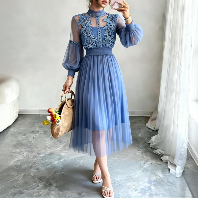 Robe midi en tulle rose poudré pour femme, col montant, broderie florale 3D, manches bouffantes, taille smockée, élégante pour soirée ou invitée de mariage