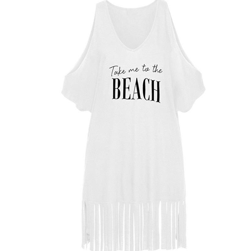 Été plage Bikini couvrir femmes blanc épaules dénudées Kafan Sarong hauts amples décontracté chemise à franges maillots de bain maillots de bain