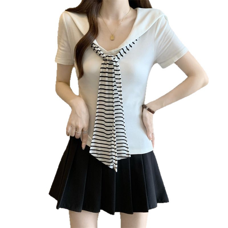 T-shirt à manches courtes pour femmes, grande taille, style décontracté, ample et fin, à rayures, col marin, nouvelle collection été