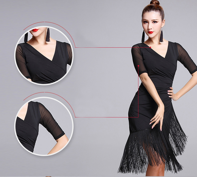 Robe de danse latine noire à manches courtes, robe une pièce à franges pour femmes, Costumes de tango Cha Rumba pour salle de bal