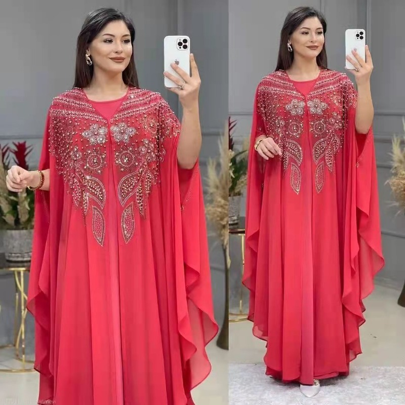 Robe musulmane pour femmes, ample, manches chauve-souris, perlée, longue, Abaya, Kaftan, Robe islamique, ensemble deux pièces