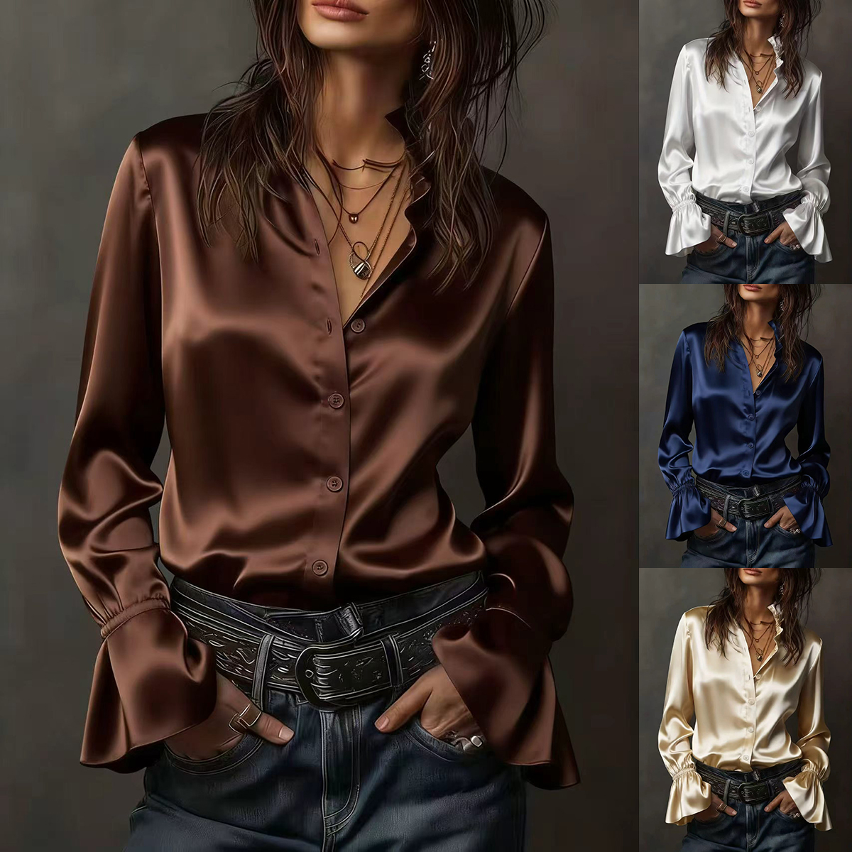 Chemise en soie unie à manches longues, nouveau style printemps-été, mode féminine streetwear, col en V, coupe droite, polyester satiné
